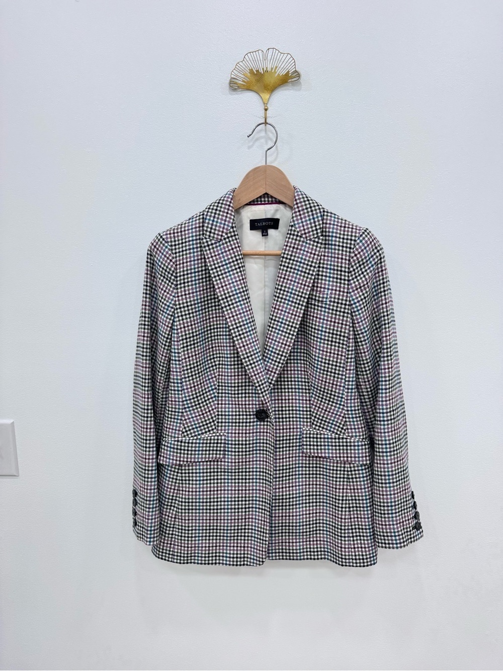 Talbots business Wool Blend Blazer gingham checked design Sz 2 lined